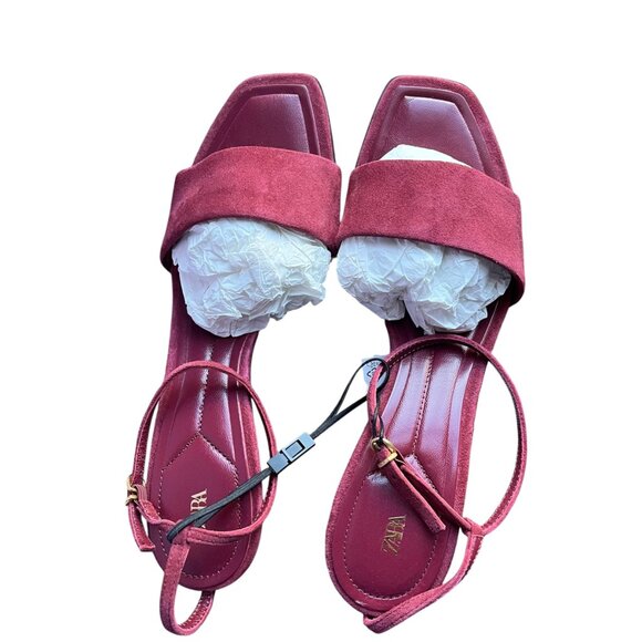 Zara Burgundy Red Suede Mid-Heel Sandals | Size 10 | Square Toe NWT Chic Trendy - Picture 8 of 9
